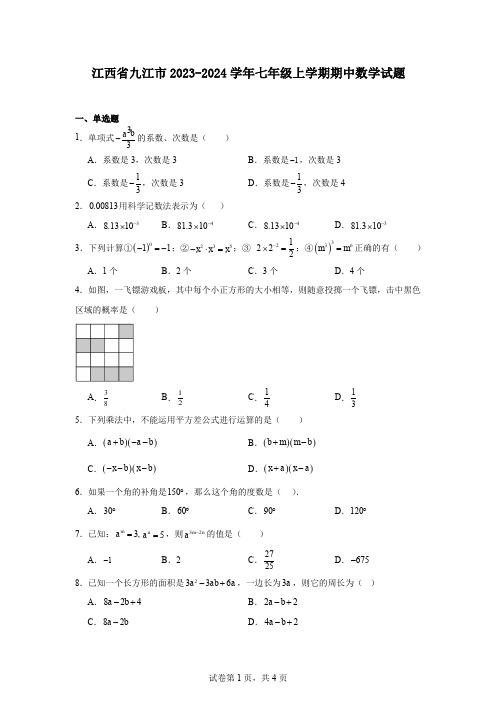 江西省九江市2023-2024学年七年级上学期期中数学试题