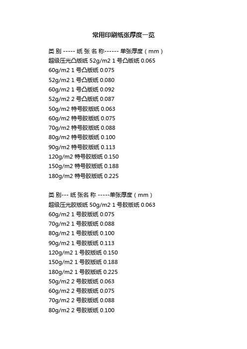 常用印刷纸张厚度一览