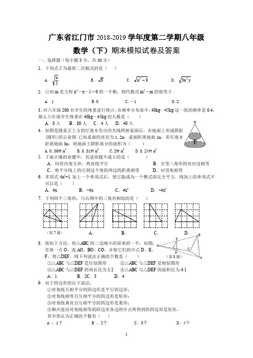 广东省江门市2018-2019学年度第二学期八年级 数学(下)期末模拟试卷及答案