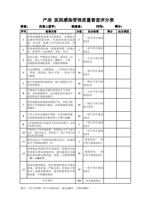 产房  医院感染管理质量督查评分表