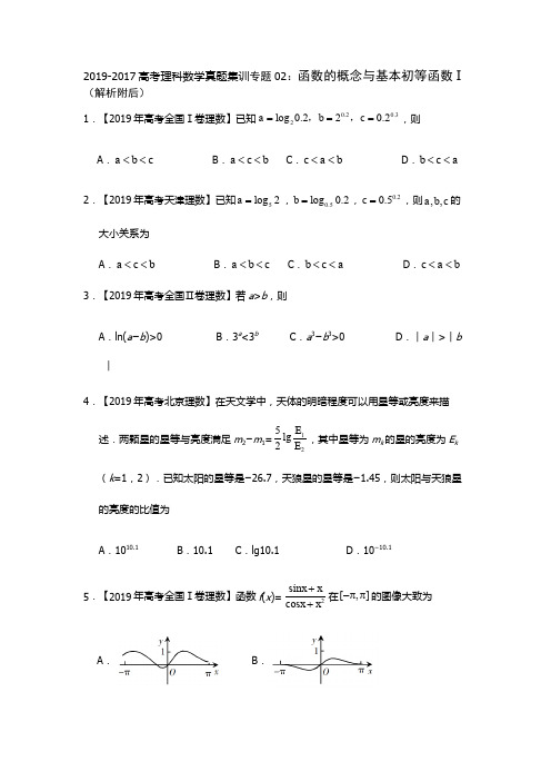 2019-2017高考理科数学真题集训专题02：函数的概念与基本初等函数(解析附后)