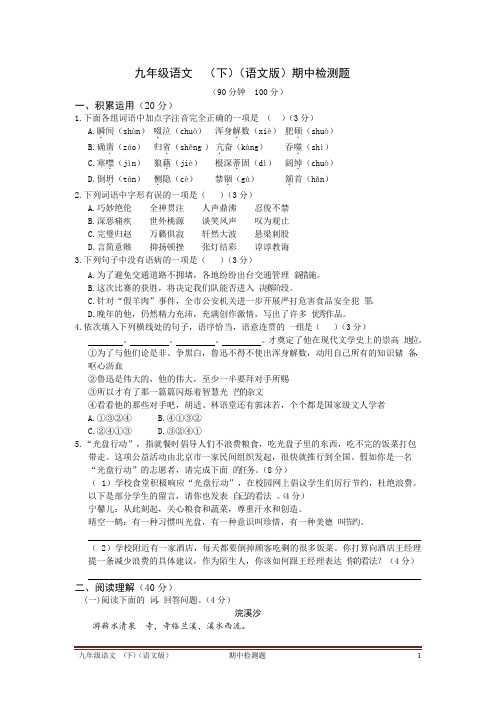 2015-2016学年度配套中学教材全解工具版九年级语文(下)(语文版)期中检测题附答案解析