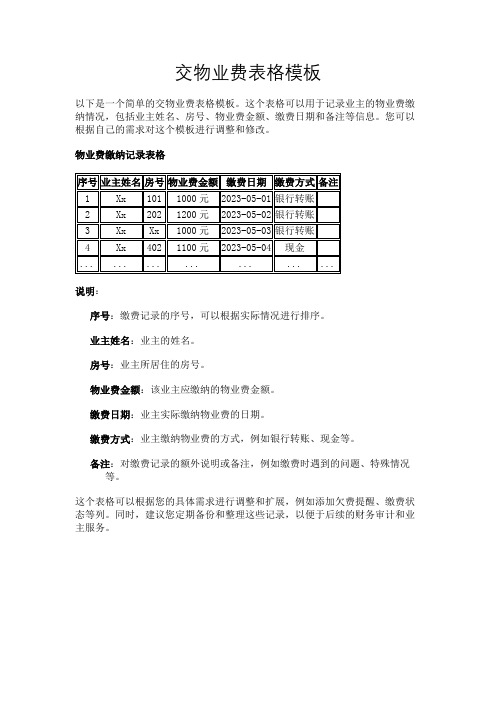 交物业费表格模板