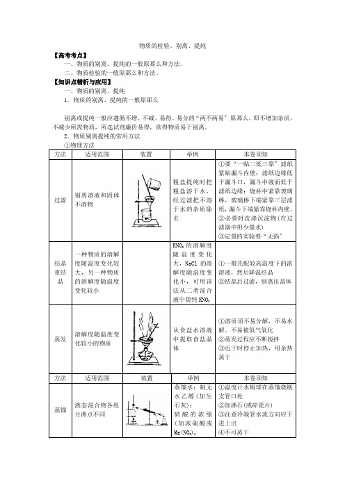 2022届高三化学一轮复习教案物质的检验分离提纯(精品)