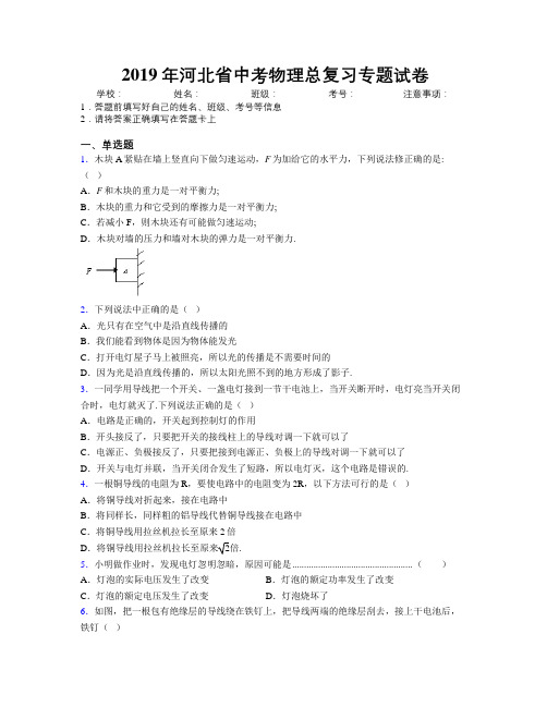 2019年河北省中考物理总复习专题试卷附解析