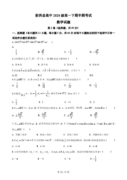 四川省遂宁市射洪县高中2020-2021学年高一数学下学期期中试题