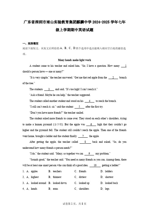 广东省深圳市南山实验教育集团麒麟中学2024-2025学年七年级上学期期中英语试题