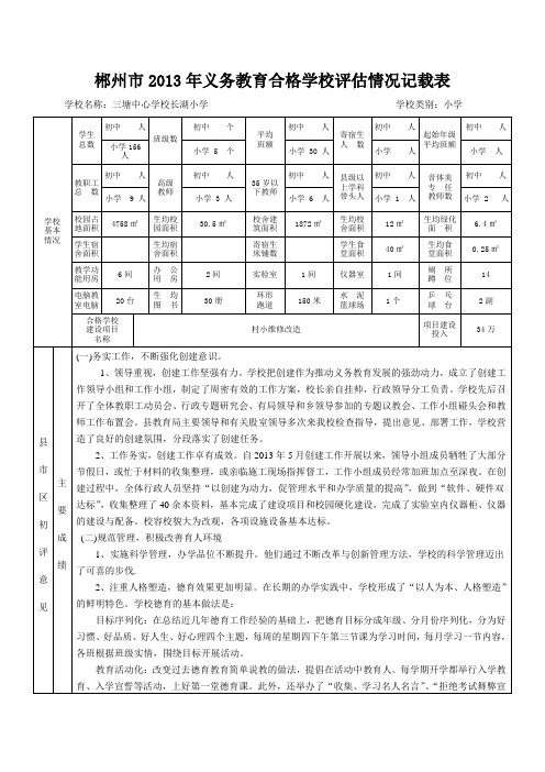 永兴县合格学校评估情况记载表(三塘长湖)