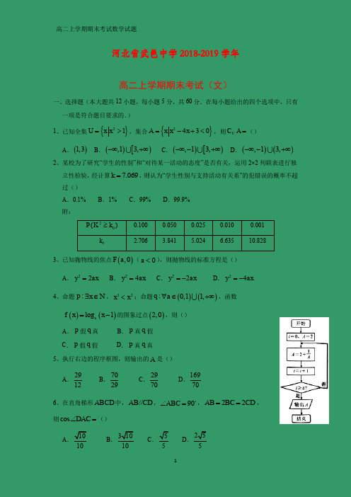 2018-2019学年河北省武邑中学高二上学期期末考试数学试题(文)