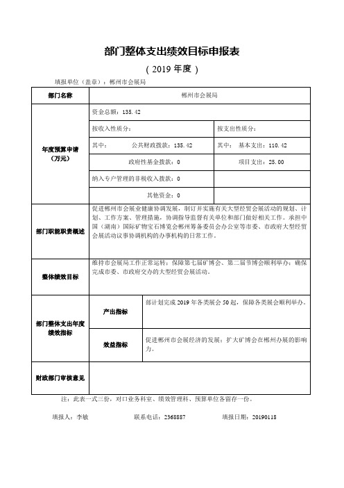 部门整体支出绩效目标申报表