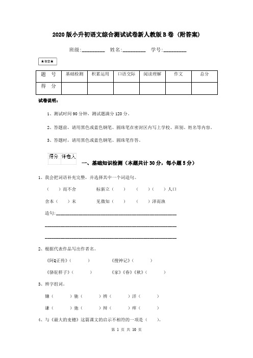 2020版小升初语文综合测试试卷新人教版B卷 (附答案)