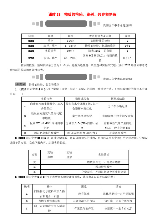 中考命题研究(贵阳)2020中考化学 教材知识梳理 模块五 科学探究 课时18 物质的检验、鉴别、共存和除杂(