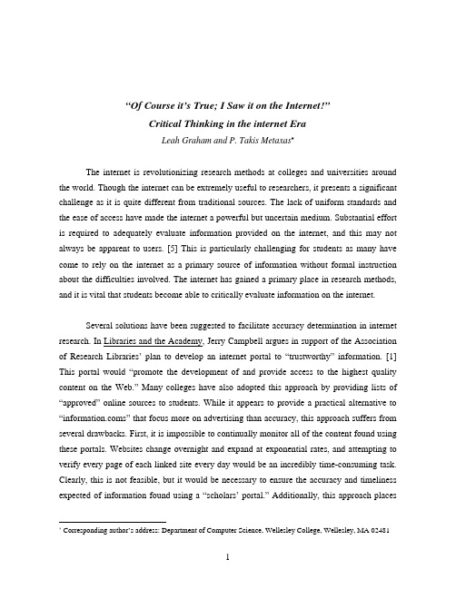 “Of Course it’s True I Saw it on the Internet!” Critical Thinking in the internet Era