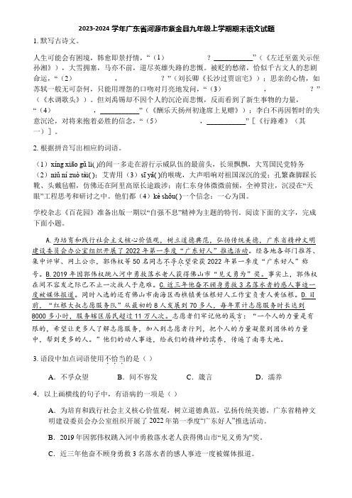 2023-2024学年广东省河源市紫金县九年级上学期期末语文试题