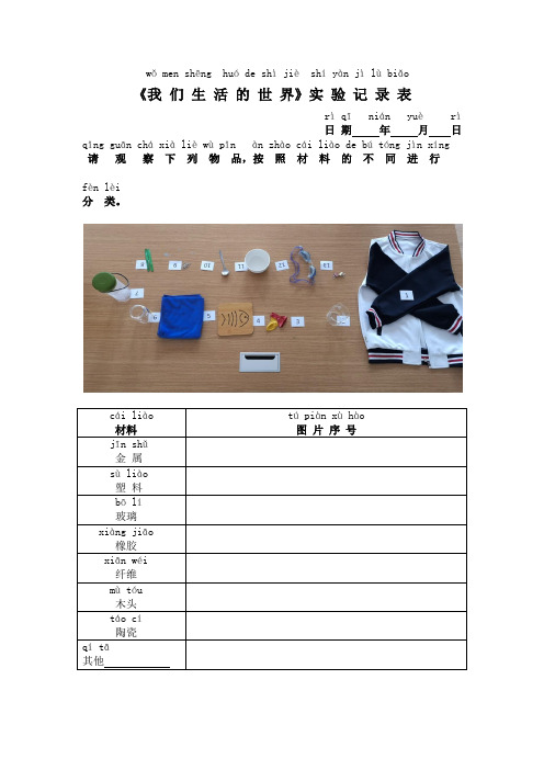 教科版科学二年级上册第二单元《材料》课堂记录表