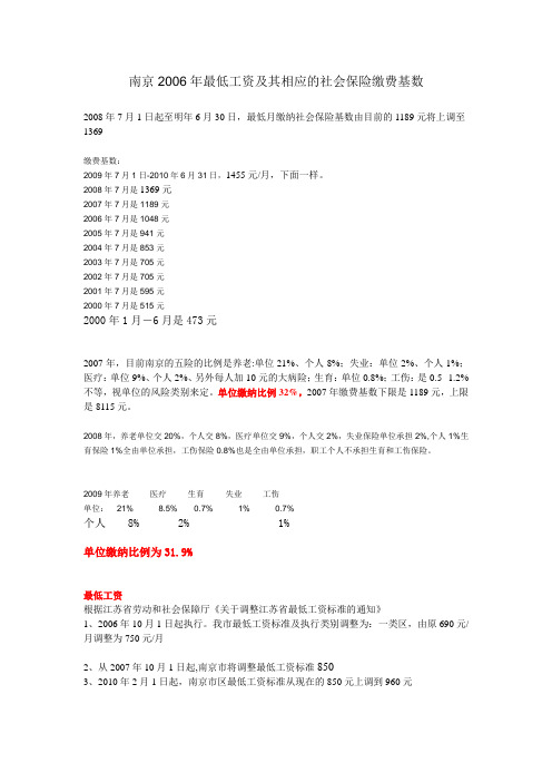 南京2006-2010最低工资及其相应的社会保险缴费基数