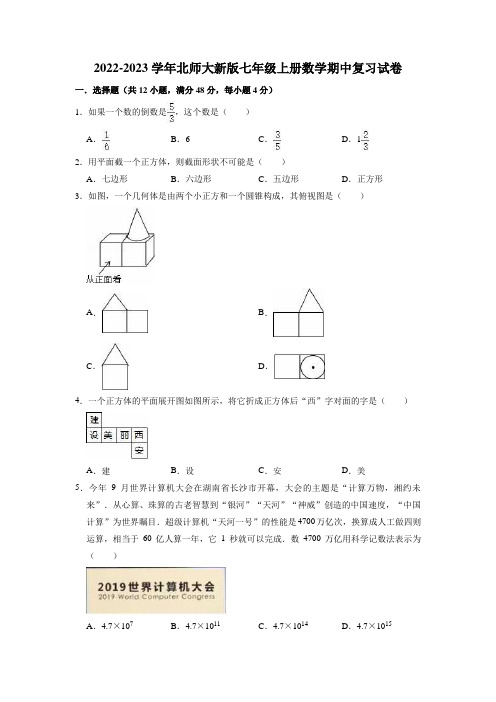 2022-2023学年北师大版七年级上册数学期中复习试卷 