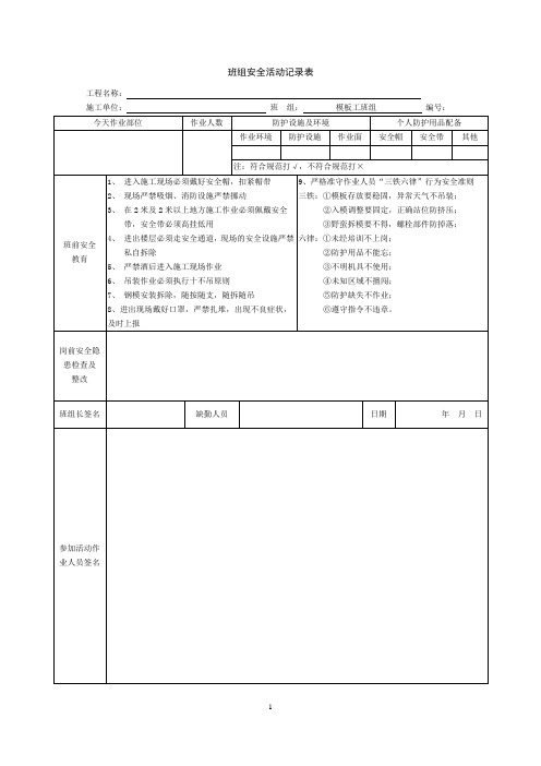 【绝对精品】班前安全活动签到表-模板工班组
