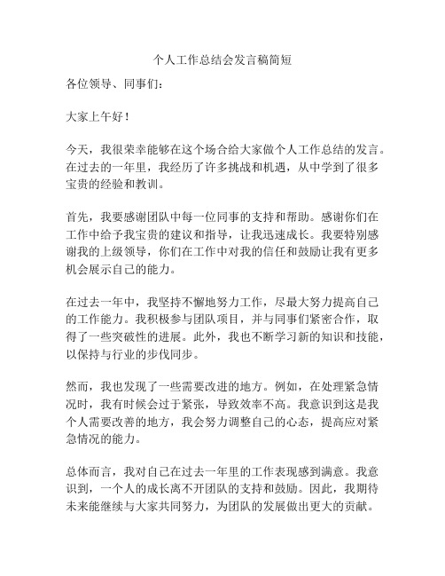 个人工作总结会发言稿简短