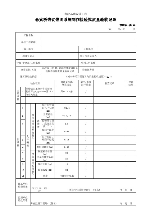 市政验·桥-68 悬索桥锚碇锚固系统制作检验批质量验收记录