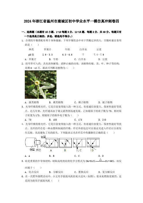 2024年浙江省温州市鹿城区初中学业水平一模仿真冲刺科学卷四(含答案)