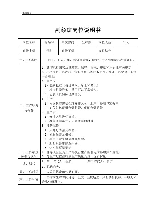 副领班 岗位说明书