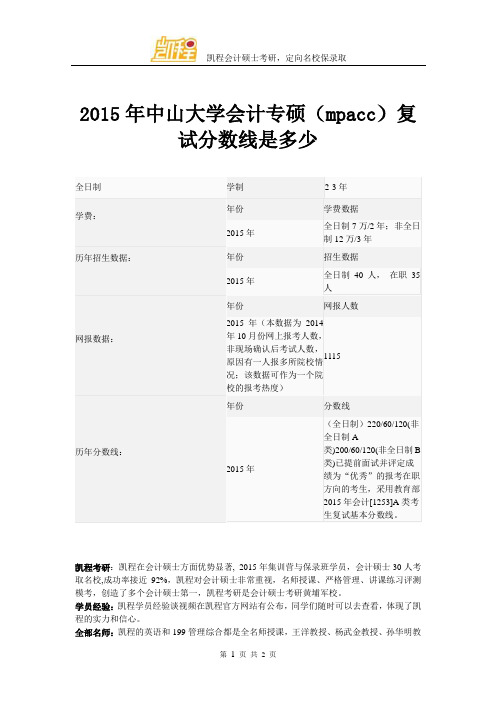 2015年中山大学会计专硕(mpacc)复试分数线是多少