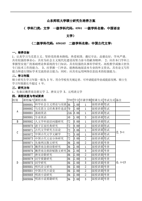 山东师范大学硕士研究生培养实施方案--中国古代文学