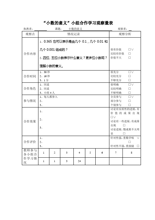 人教版小学数学四年级下册《小数的意义》观课量表一