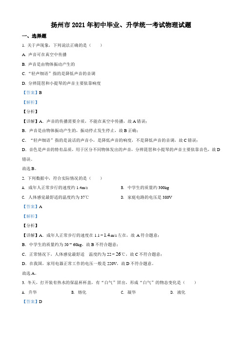 2021年江苏省扬州市中考物理试题(解析版)