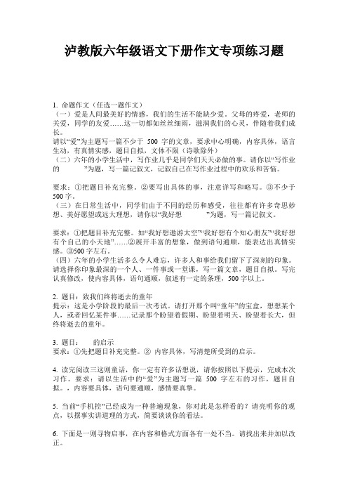 泸教版六年级语文下册作文专项练习题