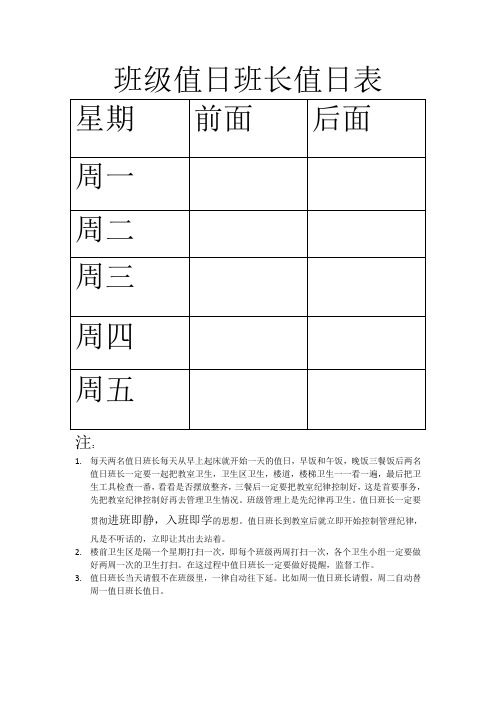 班级新值日班长表