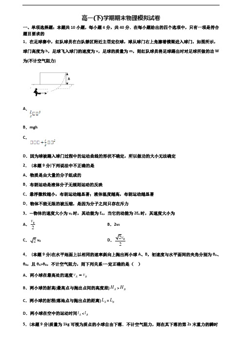 2019-2020学年黑龙江省黑河市新高考高一物理下学期期末复习检测试题