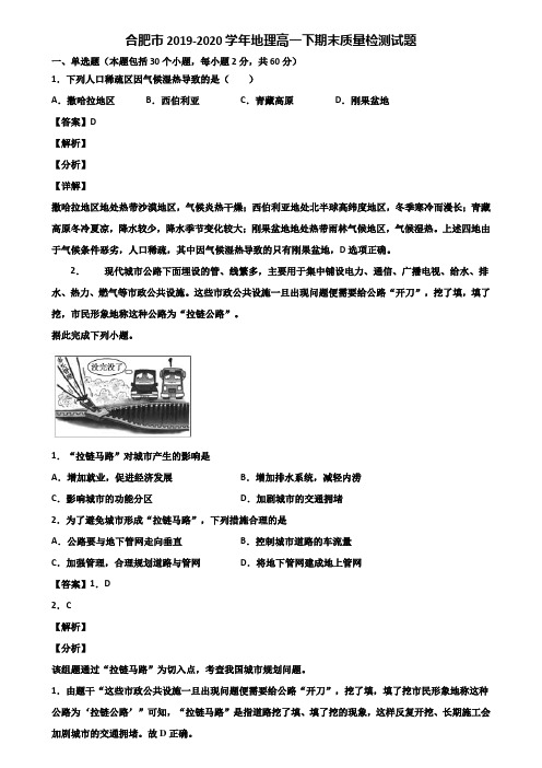 合肥市2019-2020学年地理高一下期末质量检测试题含解析