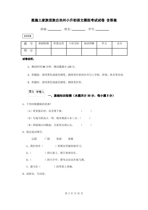 恩施土家族苗族自治州小升初语文模拟考试试卷 含答案