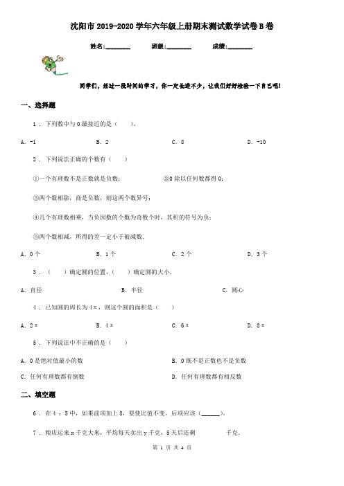 沈阳市2019-2020学年六年级上册期末测试数学试卷B卷