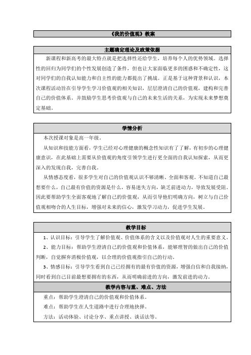 高中心理健康教育_我的价值观教学设计学情分析教材分析课后反思