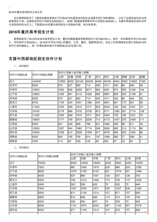 2016年重庆高考招生计划公布