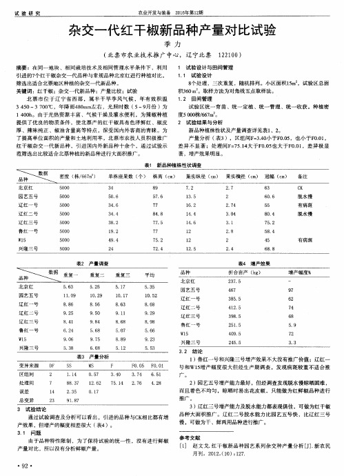 杂交一代红干椒新品种产量对比试验