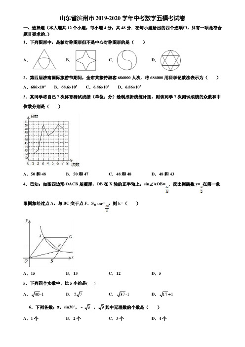 山东省滨州市2019-2020学年中考数学五模考试卷含解析