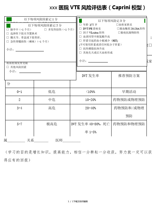 静脉血栓风险评估表