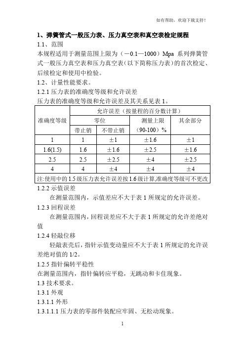 弹簧管式一般压力表、压力真空表和真空表检定规程