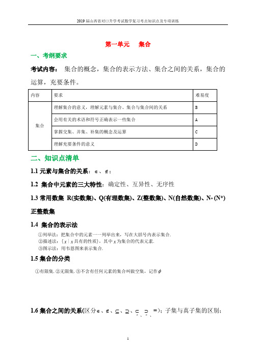 2019届对口升学考试数学第1单元《集合》专题复习及检测含答案