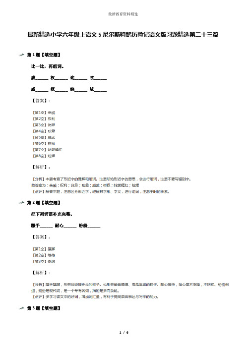 最新精选小学六年级上语文5尼尔斯骑鹅历险记语文版习题精选第二十三篇