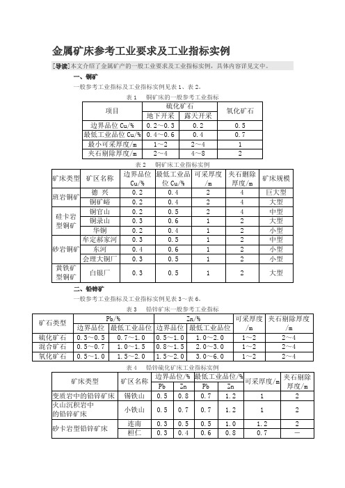 金属矿床参考工业要求及工业指标实例