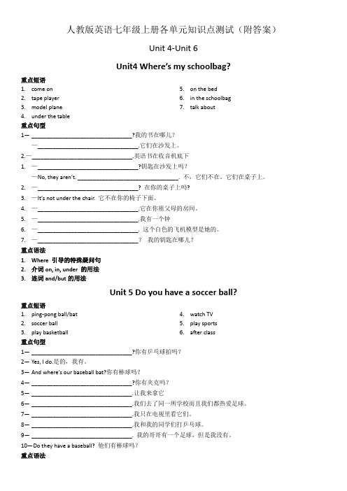 人教版英语七年级上册各单元知识点测试(附答案) Unit4-Unit6