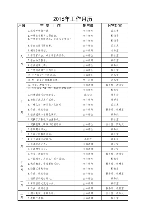 2014年下半年学校工作月历表