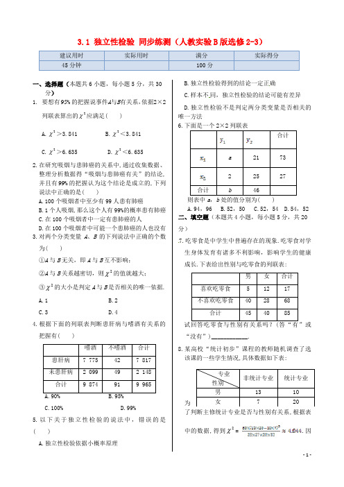 高中数学 基础知识篇 3.1独立性检验同步练测 新人教B版选修2-3