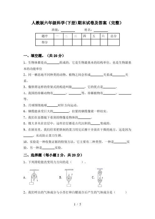 人教版六年级科学(下册)期末试卷及答案(完整)