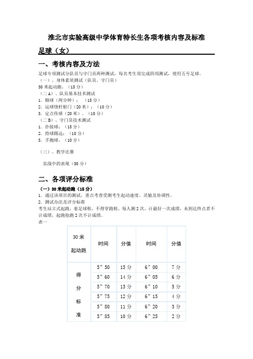 淮北市实验高级中学体育特长生各项考核内容及标准